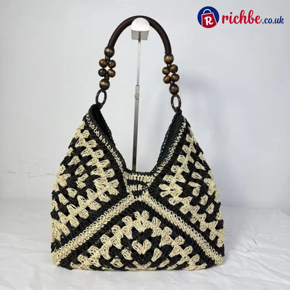 🏝️Artisanal Woven Tote with Inner Lining - Black & Beige - Clothing & Accessories