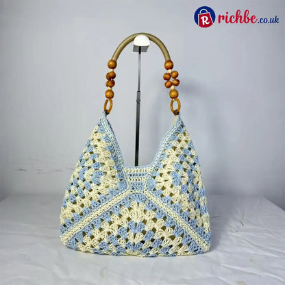🏝️Artisanal Woven Tote with Inner Lining - Light Blue & Cream - Clothing & Accessories
