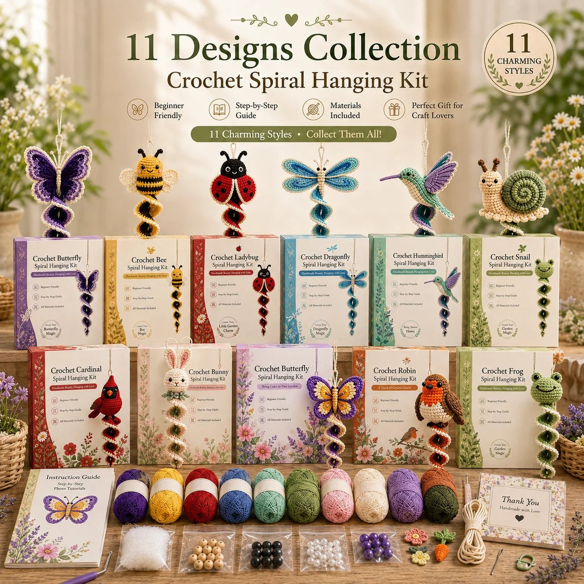 🦋🧶Crochet Spiral Hanging Kit – Beginner-Friendly DIY Garden Animal Decor 🍃