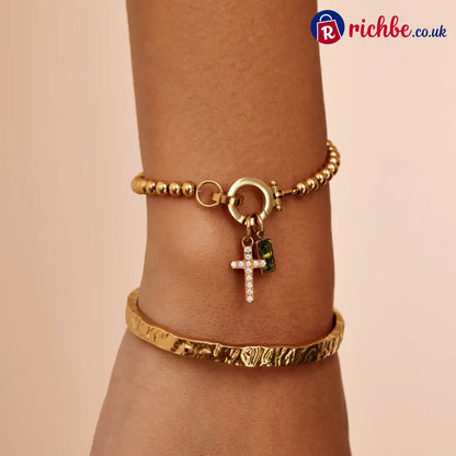 Beaded Birthstone Cross Charm Bracelet