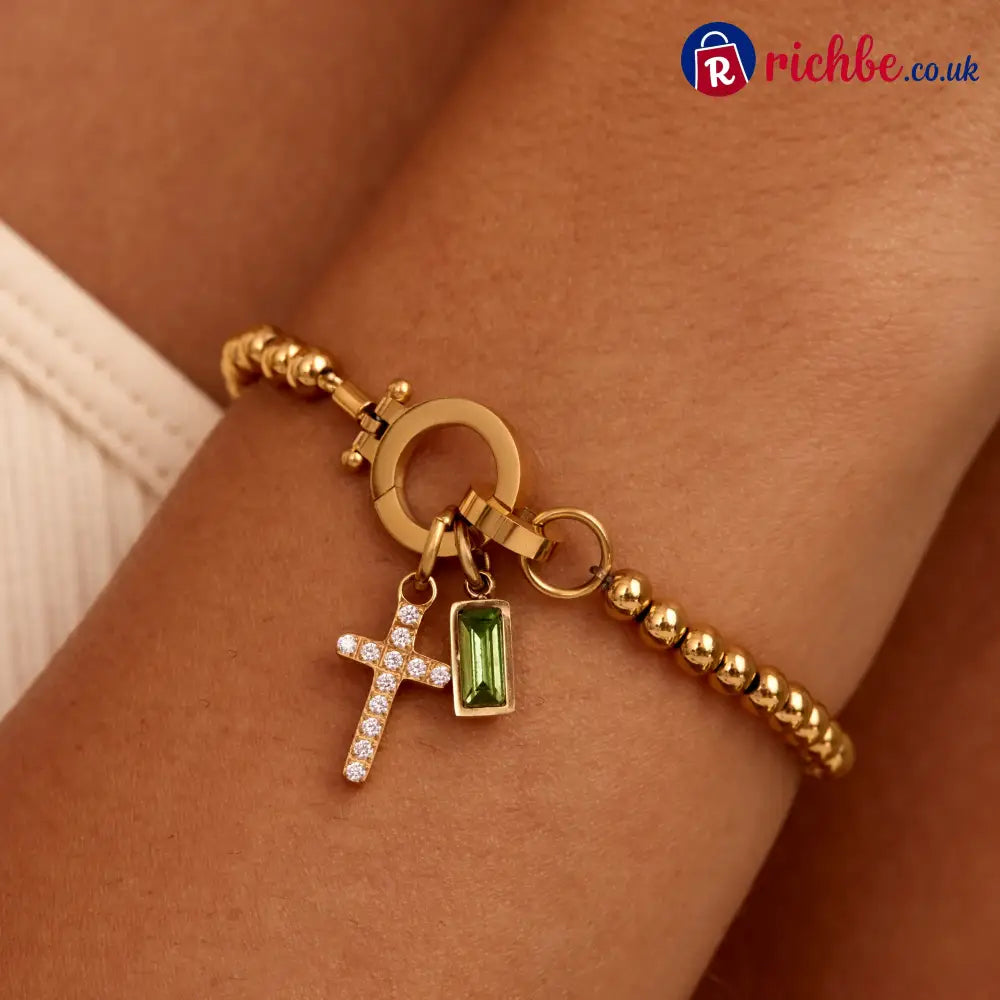 Beaded Birthstone Cross Charm Bracelet