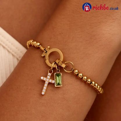 Beaded Birthstone Cross Charm Bracelet