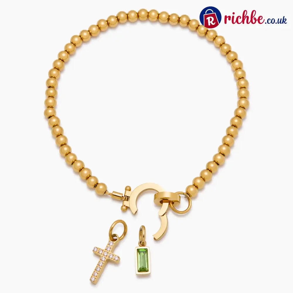 Beaded Birthstone Cross Charm Bracelet