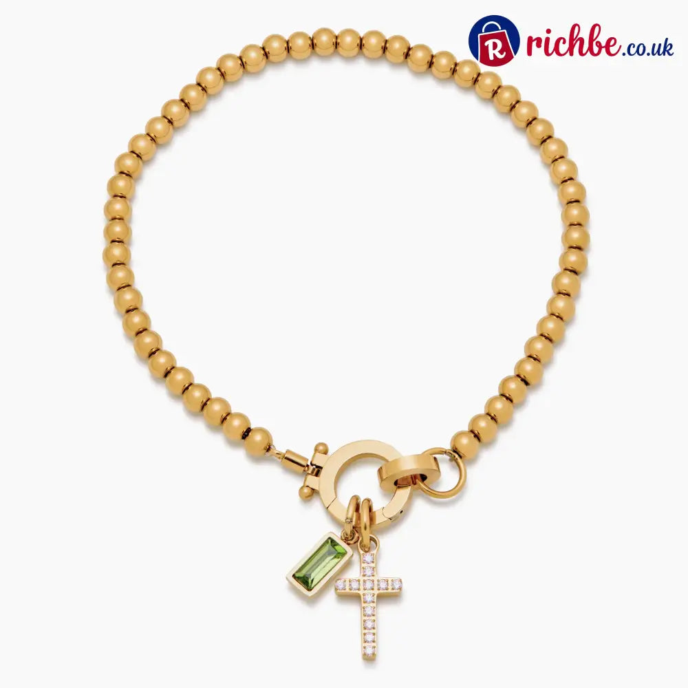 Beaded Birthstone Cross Charm Bracelet