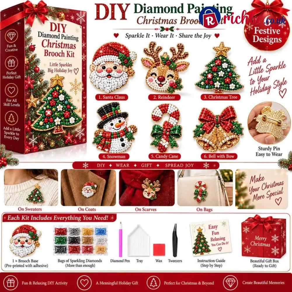 🎄Beginner-Friendly Christmas Diamond Painting Brooch DIY Kit | 6 Festive Designs with Sparkling Gems & Pin Backs 💎