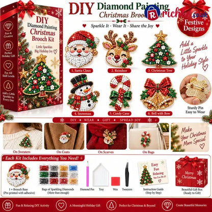 🎄Beginner-Friendly Christmas Diamond Painting Brooch DIY Kit | 6 Festive Designs with Sparkling Gems & Pin Backs 💎