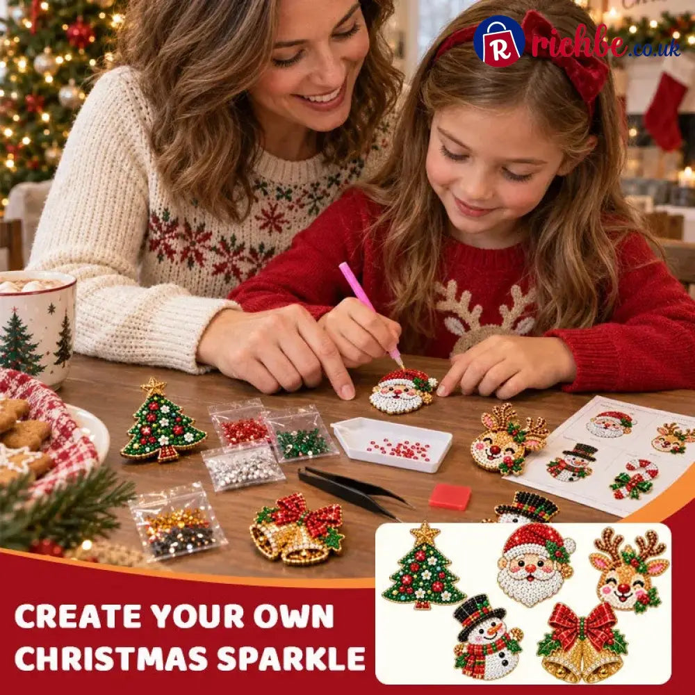 🎄Beginner-Friendly Christmas Diamond Painting Brooch DIY Kit | 6 Festive Designs with Sparkling Gems & Pin Backs 💎