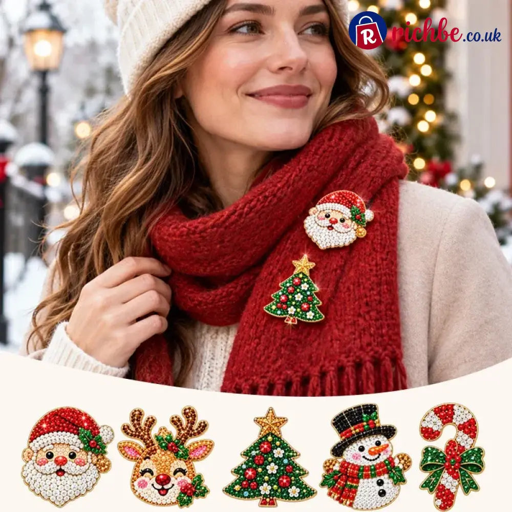 🎄Beginner-Friendly Christmas Diamond Painting Brooch DIY Kit | 6 Festive Designs with Sparkling Gems & Pin Backs 💎