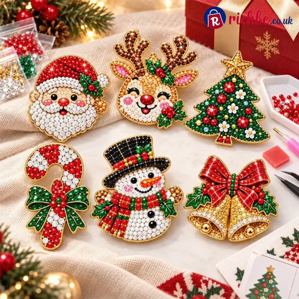 🎄Beginner-Friendly Christmas Diamond Painting Brooch DIY Kit | 6 Festive Designs with Sparkling Gems & Pin Backs 💎