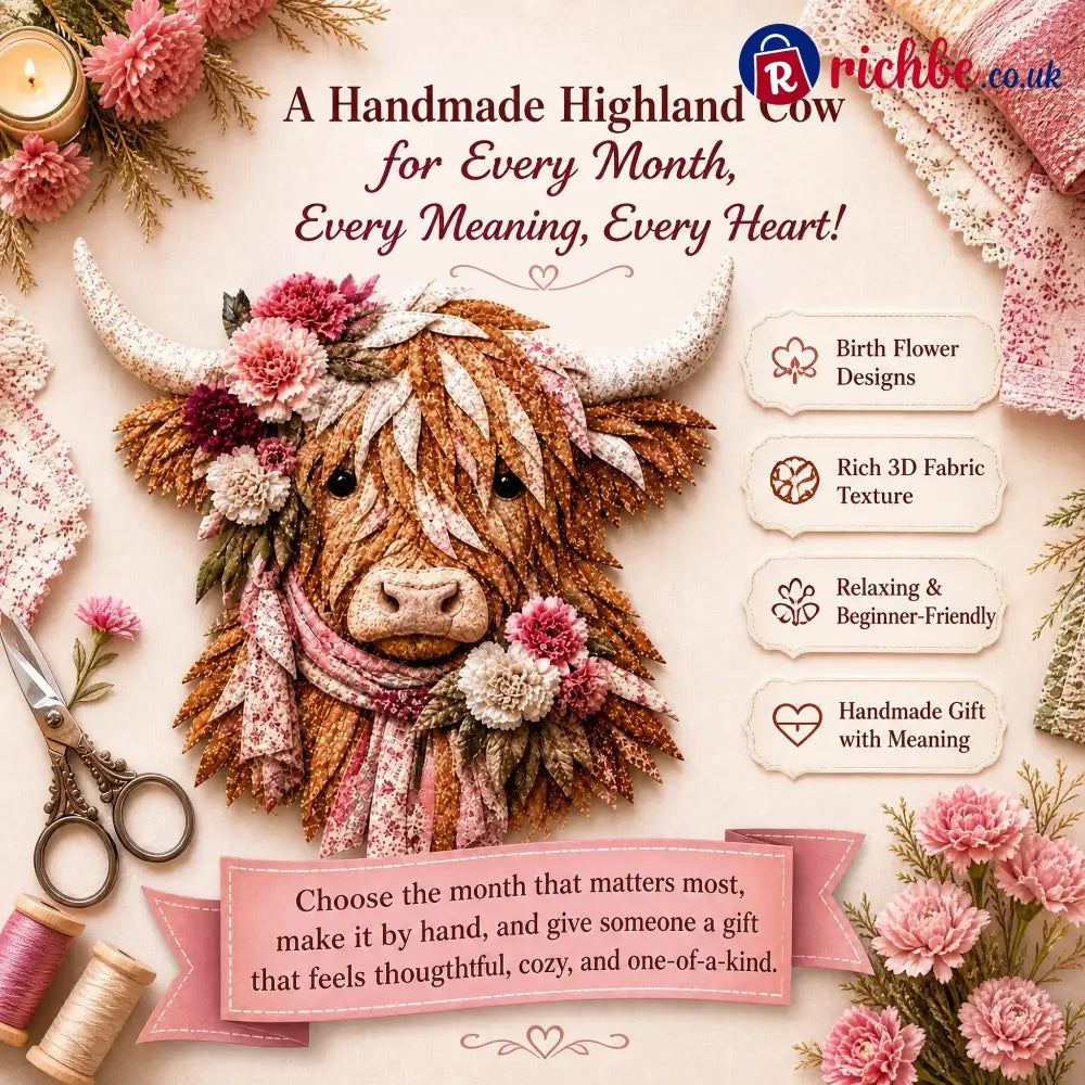 🐮💐🌸 Birth Flower Highland Cow 3d Layered Fabric Art Diy Kit (beginner-friendly)