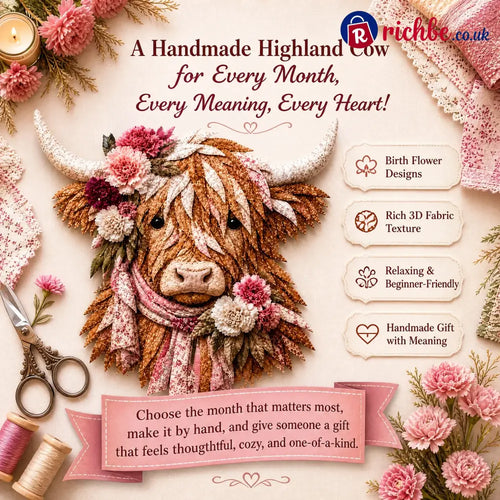 🐮💐🌸 Birth Flower Highland Cow 3d Layered Fabric Art Diy Kit (beginner-friendly)