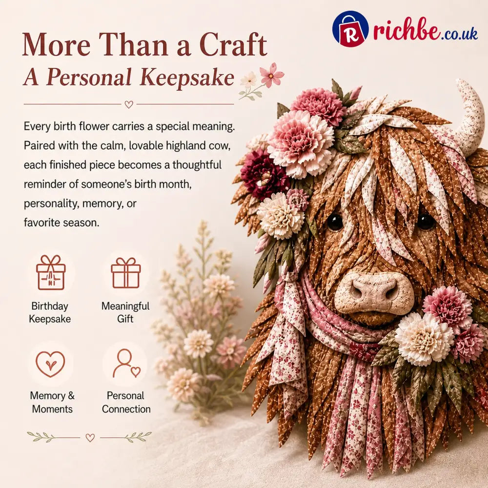 🐮💐🌸 Birth Flower Highland Cow 3d Layered Fabric Art Diy Kit (beginner-friendly)