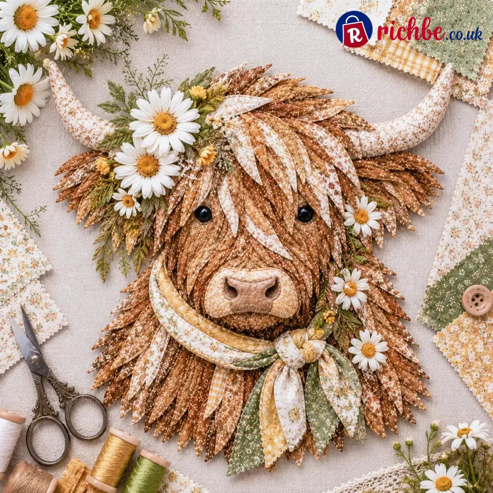 🐮💐🌸 Birth Flower Highland Cow 3d Layered Fabric Art Diy Kit (beginner-friendly) - April / Approximately 16’’ (40cm)