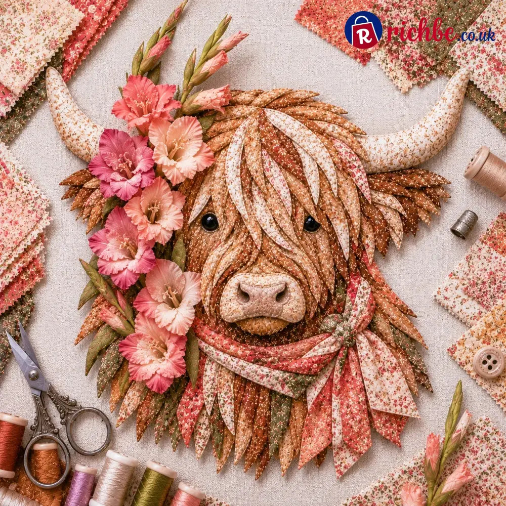 🐮💐🌸 Birth Flower Highland Cow 3d Layered Fabric Art Diy Kit (beginner-friendly) - August / Approximately 16’’ (40cm)