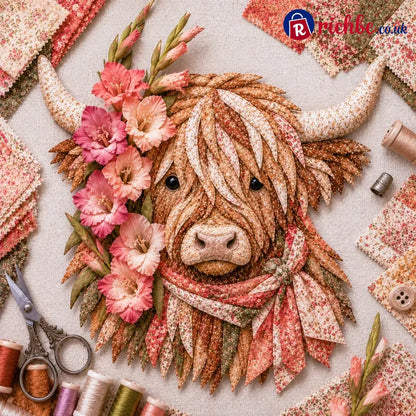 🐮💐🌸 Birth Flower Highland Cow 3d Layered Fabric Art Diy Kit (beginner-friendly) - August / Approximately 16’’ (40cm)