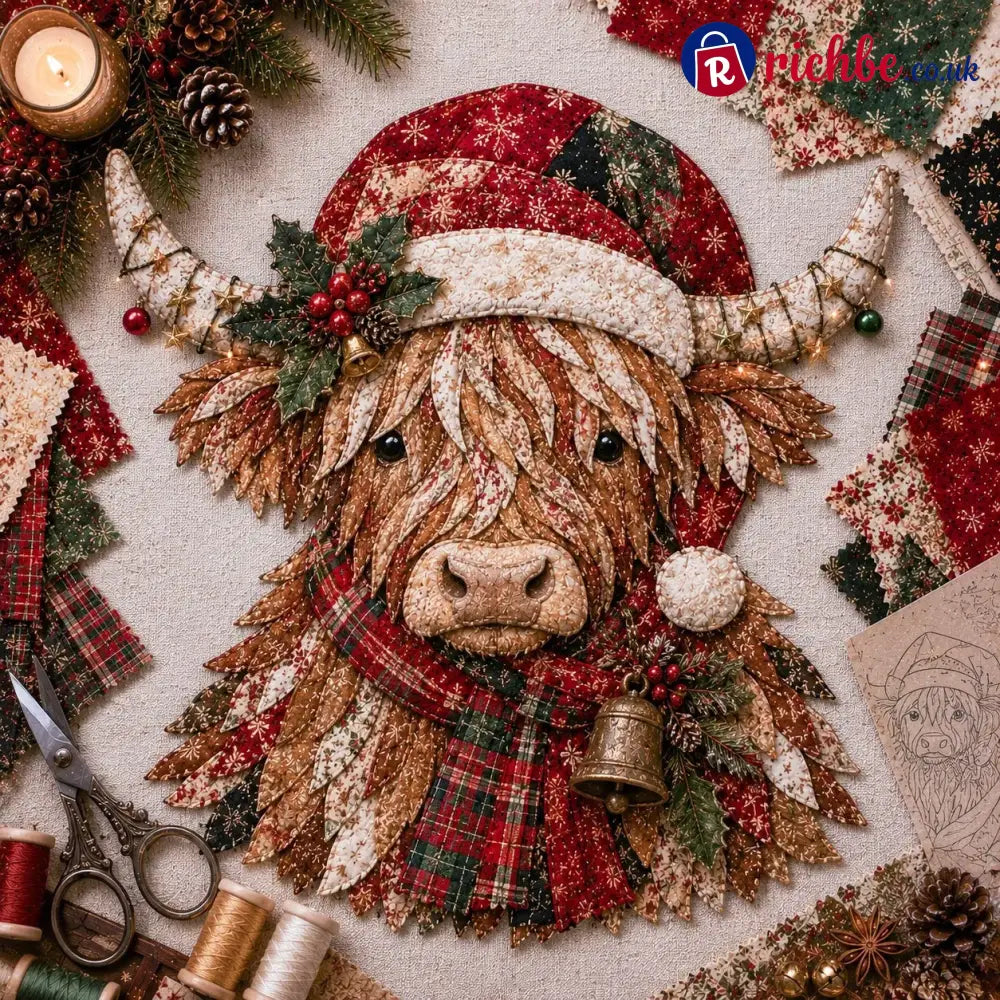 🐮💐🌸 Birth Flower Highland Cow 3d Layered Fabric Art Diy Kit (beginner-friendly) - Christmas / Approximately 16’’ (40cm)