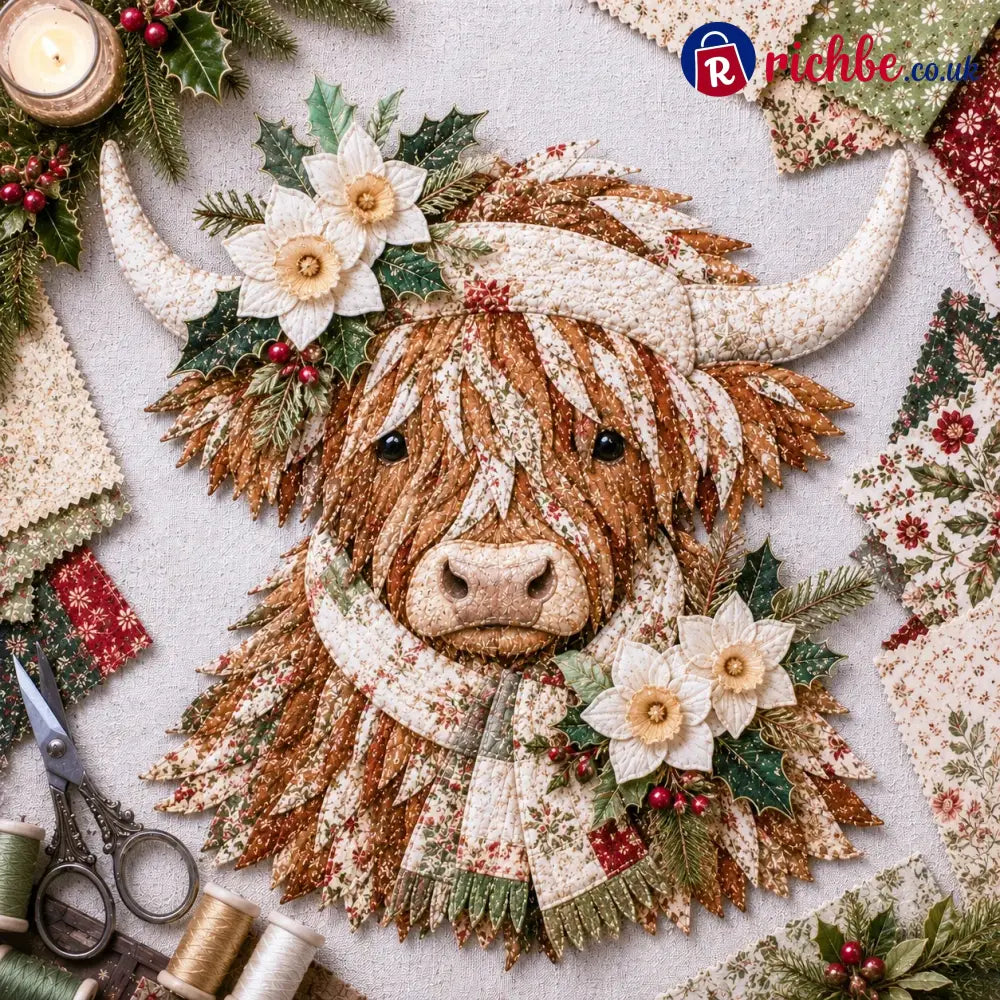 🐮💐🌸 Birth Flower Highland Cow 3d Layered Fabric Art Diy Kit (beginner-friendly) - December / Approximately 16’’ (40cm)