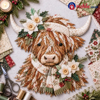 🐮💐🌸 Birth Flower Highland Cow 3d Layered Fabric Art Diy Kit (beginner-friendly) - December / Approximately 16’’ (40cm)