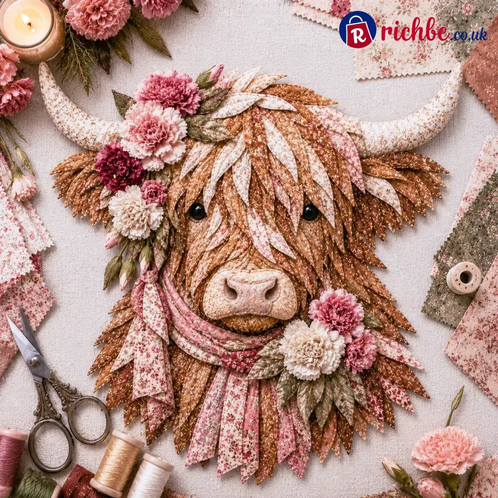 🐮💐🌸 Birth Flower Highland Cow 3d Layered Fabric Art Diy Kit (beginner-friendly) - January / Approximately 16’’ (40cm)