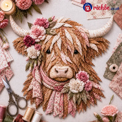 🐮💐🌸 Birth Flower Highland Cow 3d Layered Fabric Art Diy Kit (beginner-friendly) - January / Approximately 16’’ (40cm)