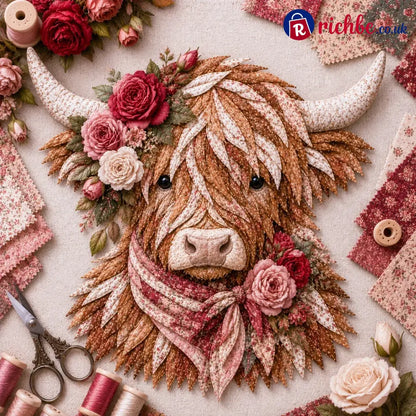 🐮💐🌸 Birth Flower Highland Cow 3d Layered Fabric Art Diy Kit (beginner-friendly) - June / Approximately 16’’ (40cm)