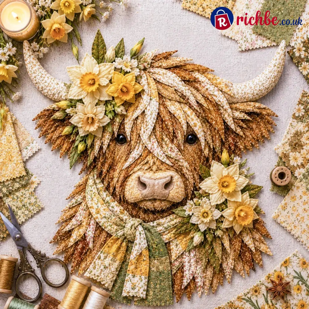 🐮💐🌸 Birth Flower Highland Cow 3d Layered Fabric Art Diy Kit (beginner-friendly) - March / Approximately 16’’ (40cm)
