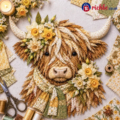 🐮💐🌸 Birth Flower Highland Cow 3d Layered Fabric Art Diy Kit (beginner-friendly) - March / Approximately 16’’ (40cm)