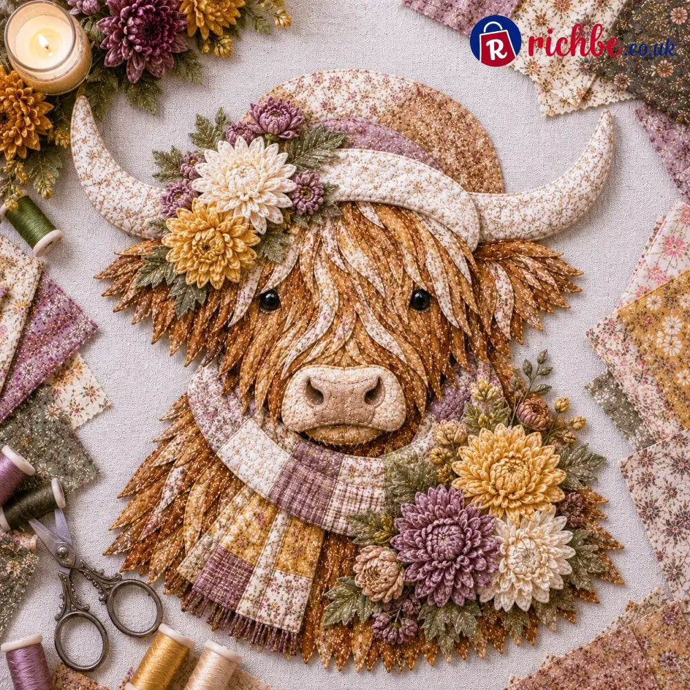 🐮💐🌸 Birth Flower Highland Cow 3d Layered Fabric Art Diy Kit (beginner-friendly) - November / Approximately 16’’ (40cm)