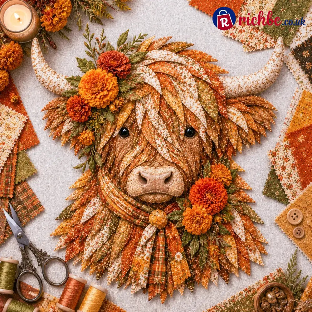 🐮💐🌸 Birth Flower Highland Cow 3d Layered Fabric Art Diy Kit (beginner-friendly) - October / Approximately 16’’ (40cm)
