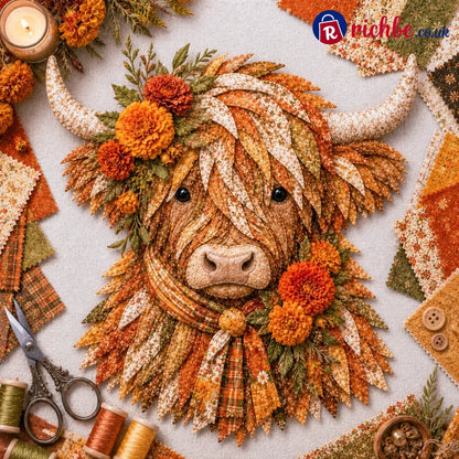 🐮💐🌸 Birth Flower Highland Cow 3d Layered Fabric Art Diy Kit (beginner-friendly) - October / Approximately 16’’ (40cm)