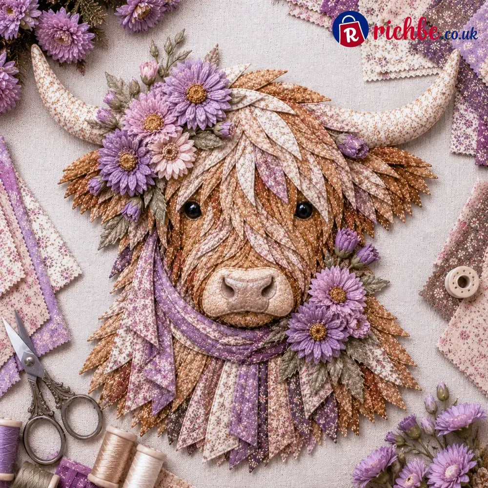 🐮💐🌸 Birth Flower Highland Cow 3d Layered Fabric Art Diy Kit (beginner-friendly) - September / Approximately 16’’ (40cm)