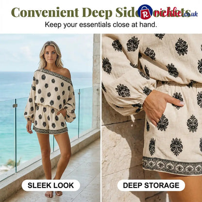 ✨ Bohemian Off-Shoulder Jumpsuit Set – Vintage Print Vacation Relaxed ✨ - Clothing & Accessories