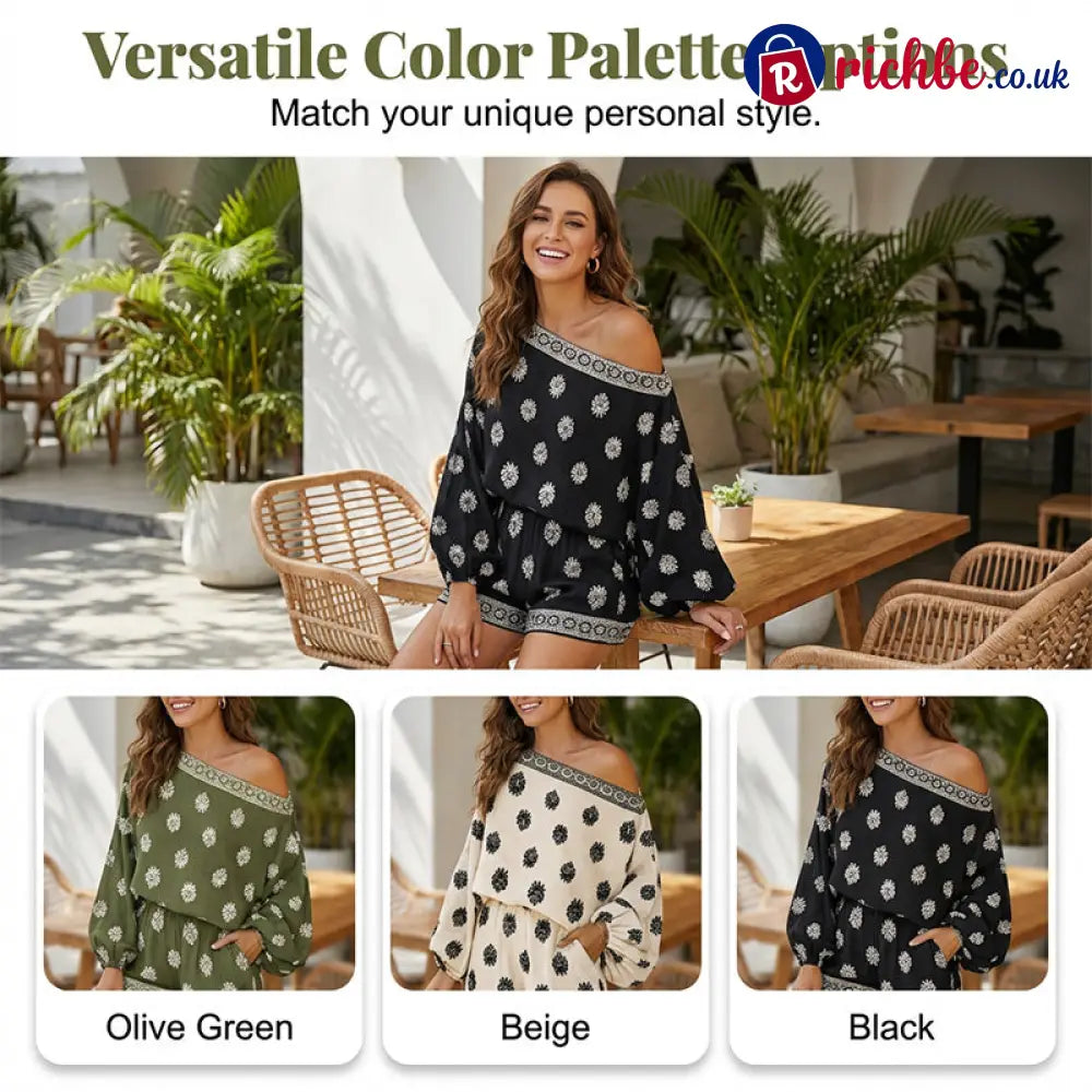 ✨ Bohemian Off-Shoulder Jumpsuit Set – Vintage Print Vacation Relaxed ✨ - Clothing & Accessories