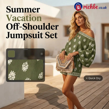 ✨ Bohemian Off-Shoulder Jumpsuit Set – Vintage Print Vacation Relaxed ✨ - Clothing & Accessories