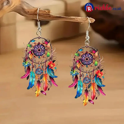 🌙 Boho Dreamcatcher Feather Earrings 💕 - Colorful Feathers🌈