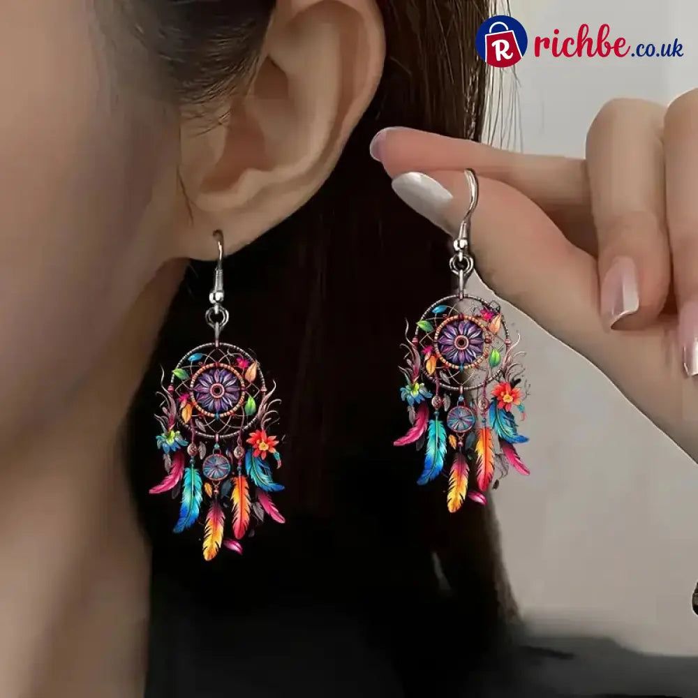 🌙 Boho Dreamcatcher Feather Earrings 💕 - Colorful Feathers🌈 & Mystic Black🖤