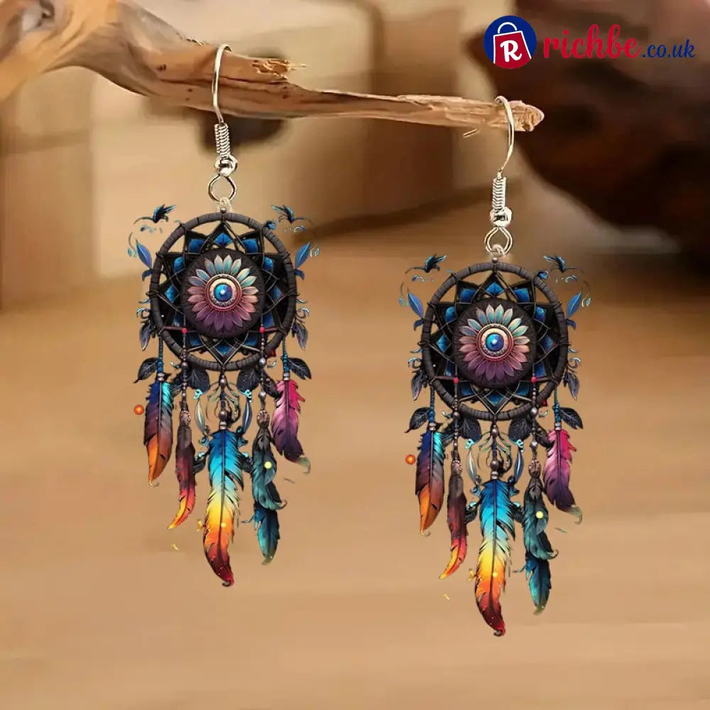 🌙 Boho Dreamcatcher Feather Earrings 💕 - Mystic Black🖤