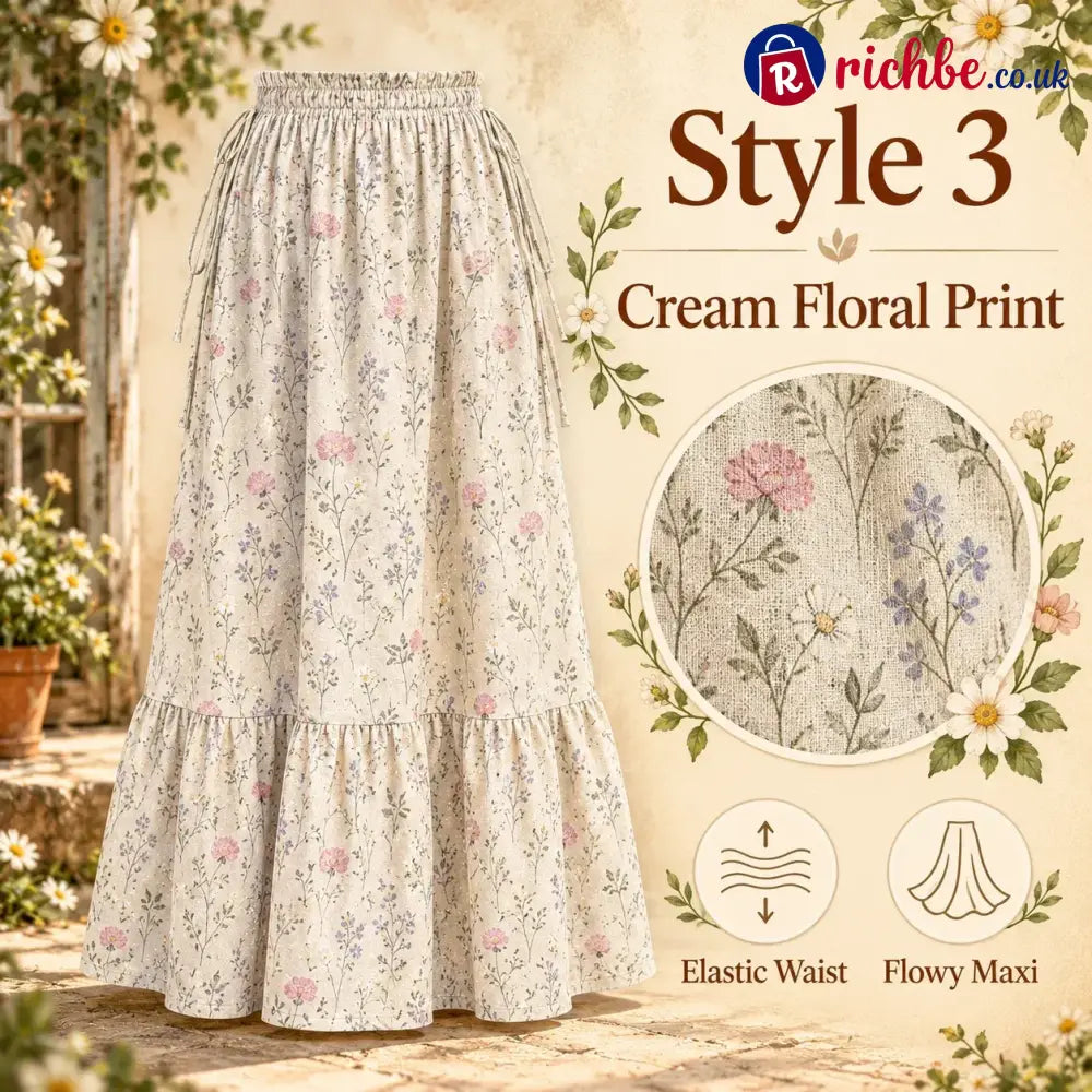 🌸 Boho Floral Maxi Skirt (One Size) – A Little Romance in Every Step - Cream Floral / One Size Fits All with Adjustable