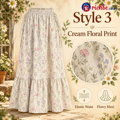 🌸 Boho Floral Maxi Skirt (One Size) – A Little Romance in Every Step - Cream Floral / One Size Fits All with Adjustable