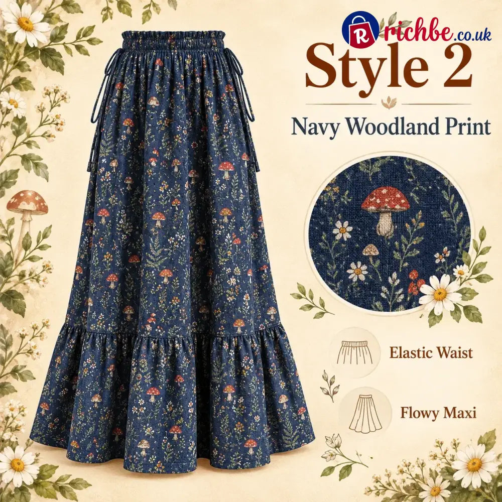 🌸 Boho Floral Maxi Skirt (One Size) – A Little Romance in Every Step - Navy Woodland / One Size Fits All with