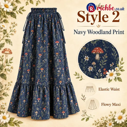 🌸 Boho Floral Maxi Skirt (One Size) – A Little Romance in Every Step - Navy Woodland / One Size Fits All with