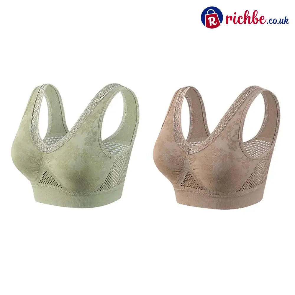 💐 Buy One Get One Free 🎁 🌸 Pure Cotton Buttonless Comfy Lifting Bra - Green+ Brown (2 pcs) / M - Clothing & Accessories