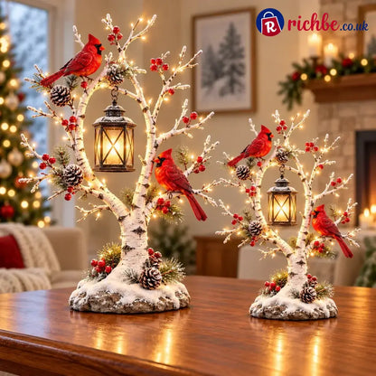 ❤️ Cardinal Winter Lantern Tree – Lighted Snowy Birch Tree with Red Cardinals & Hanging Lantern ✨ - 12 in