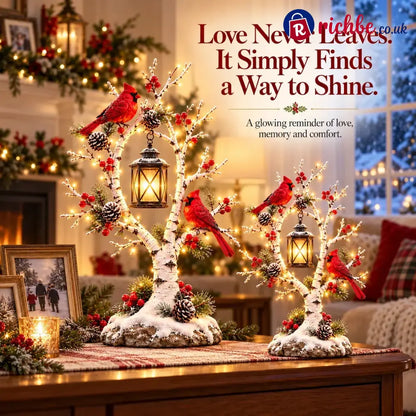 ❤️ Cardinal Winter Lantern Tree – Lighted Snowy Birch Tree with Red Cardinals & Hanging Lantern ✨