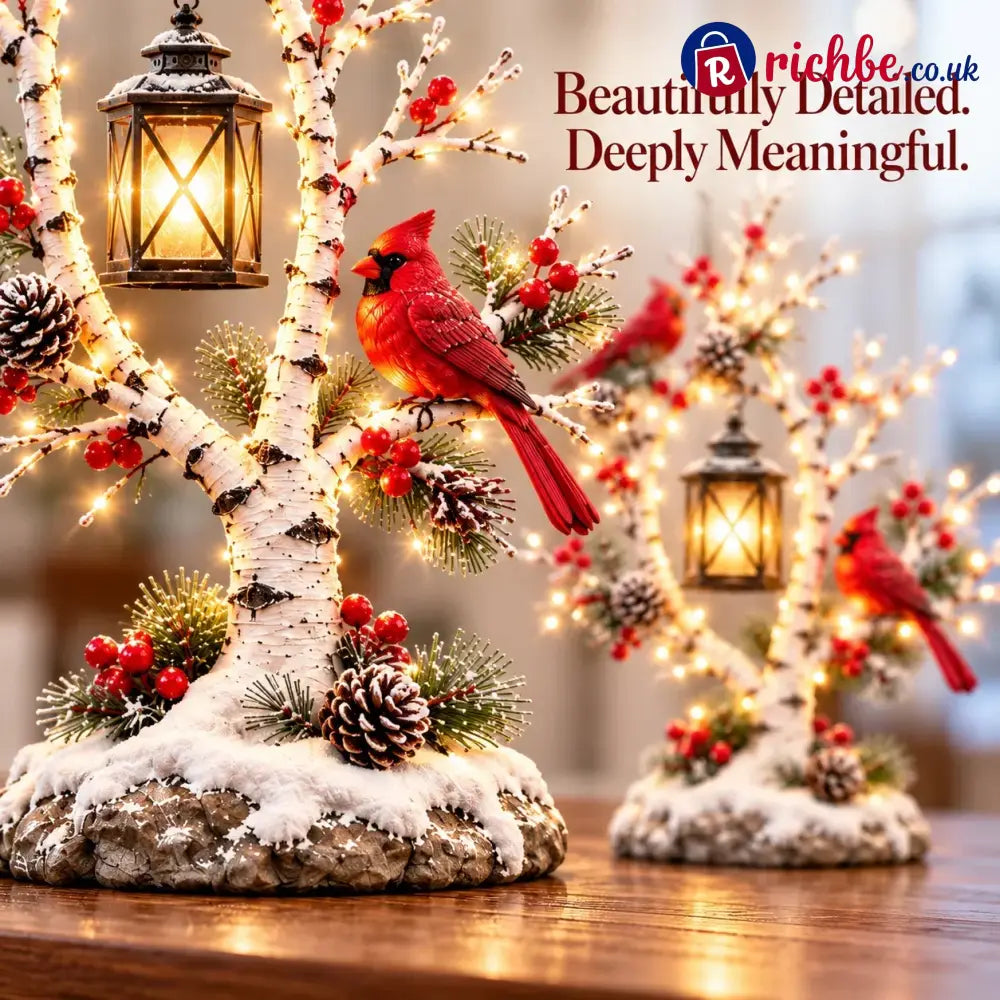 ❤️ Cardinal Winter Lantern Tree – Lighted Snowy Birch Tree with Red Cardinals & Hanging Lantern ✨