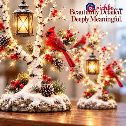 ❤️ Cardinal Winter Lantern Tree – Lighted Snowy Birch Tree with Red Cardinals & Hanging Lantern ✨