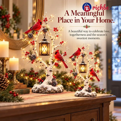 ❤️ Cardinal Winter Lantern Tree – Lighted Snowy Birch Tree with Red Cardinals & Hanging Lantern ✨