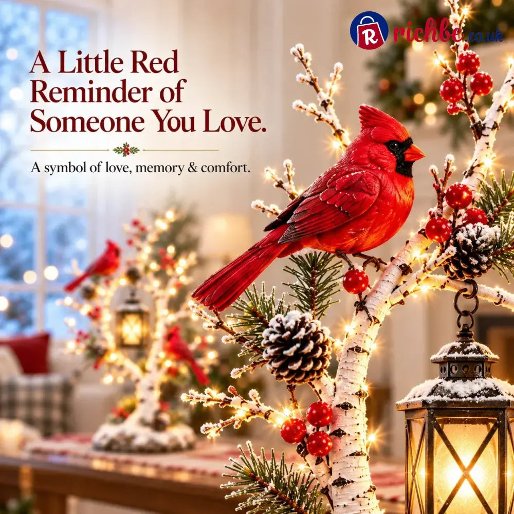 ❤️ Cardinal Winter Lantern Tree – Lighted Snowy Birch Tree with Red Cardinals & Hanging Lantern ✨