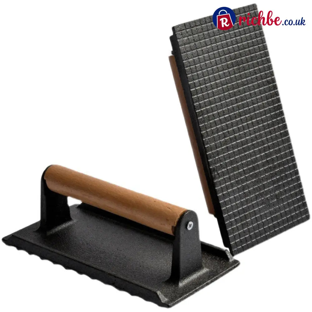 Cast Iron Steak & Burger Press with Wood Handle - Square + Checkered Marks - Cooking & Kitchen