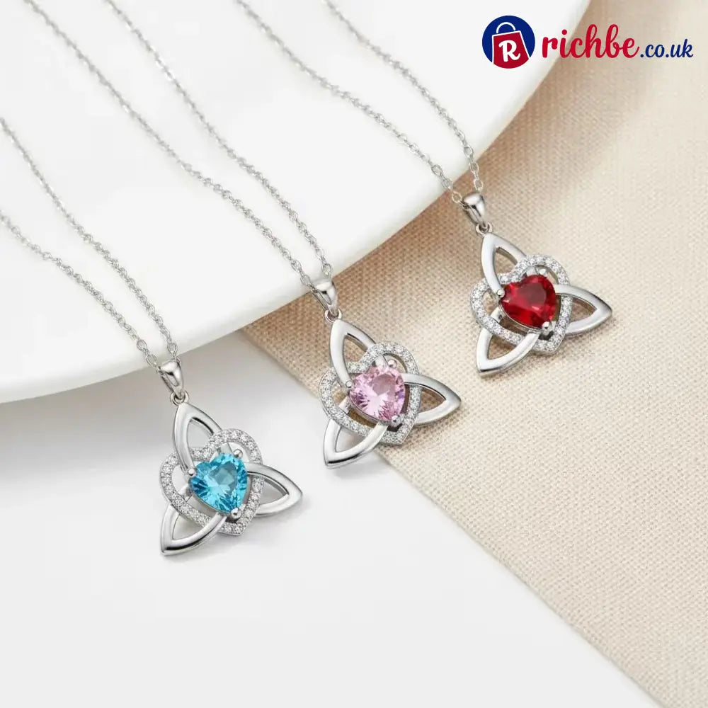 ✨ Celtic Trinity Knot Heart Birthstone Necklace | Heart-Shaped Pendant